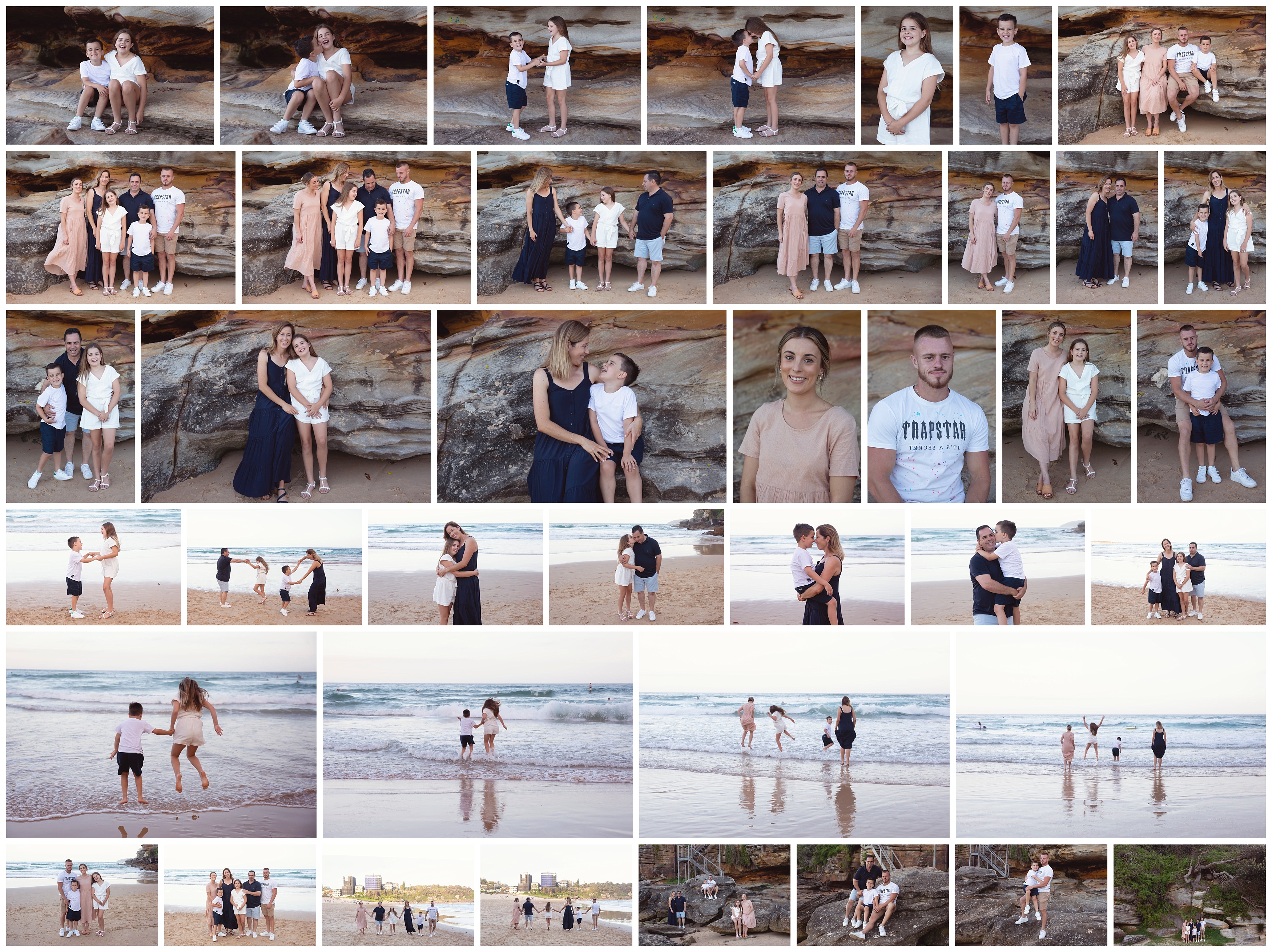 Family Photography session at the beach with the ocean and headland rocks in the background. 