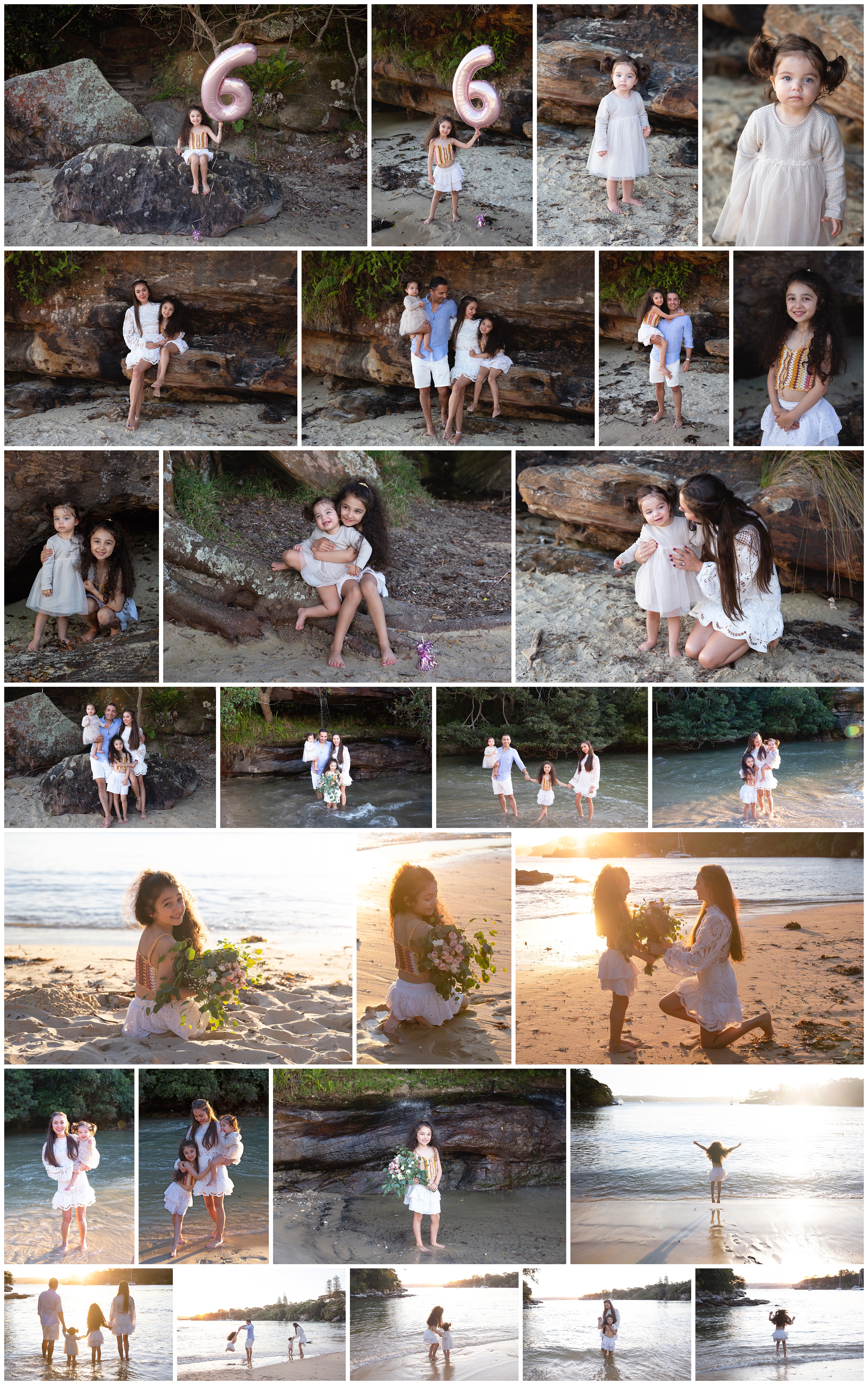 Family Photography session at a beach with the sun shining in the background. One child is celebrating turning 6 . Her little sister who is turning one is wearing a white dress. Both Mum and Dad are in some photos too. 