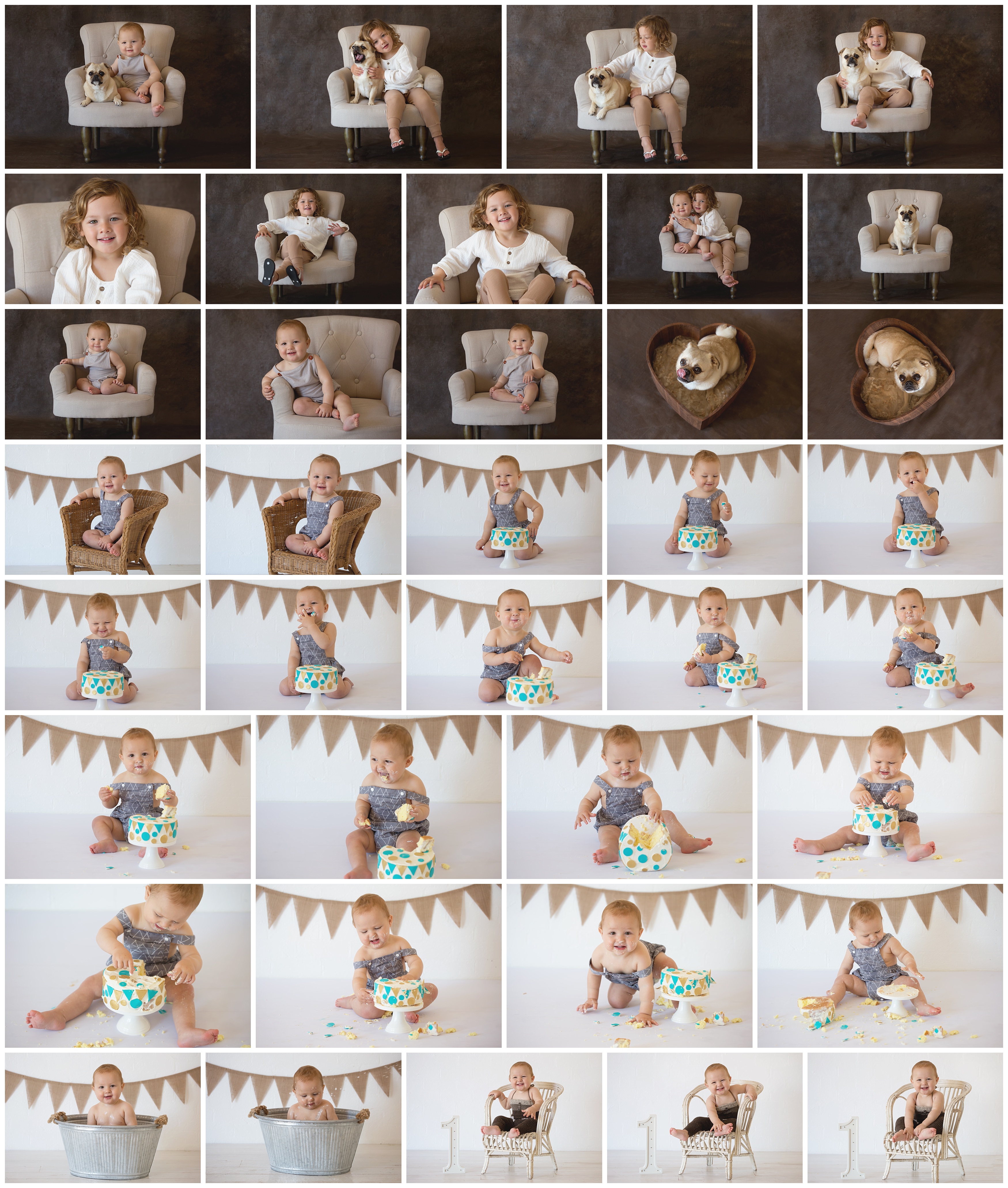 One year old boy with a cake and eating eat with his hands. ALso includes images on a chair with his big brother and with his pet dog a pug. 