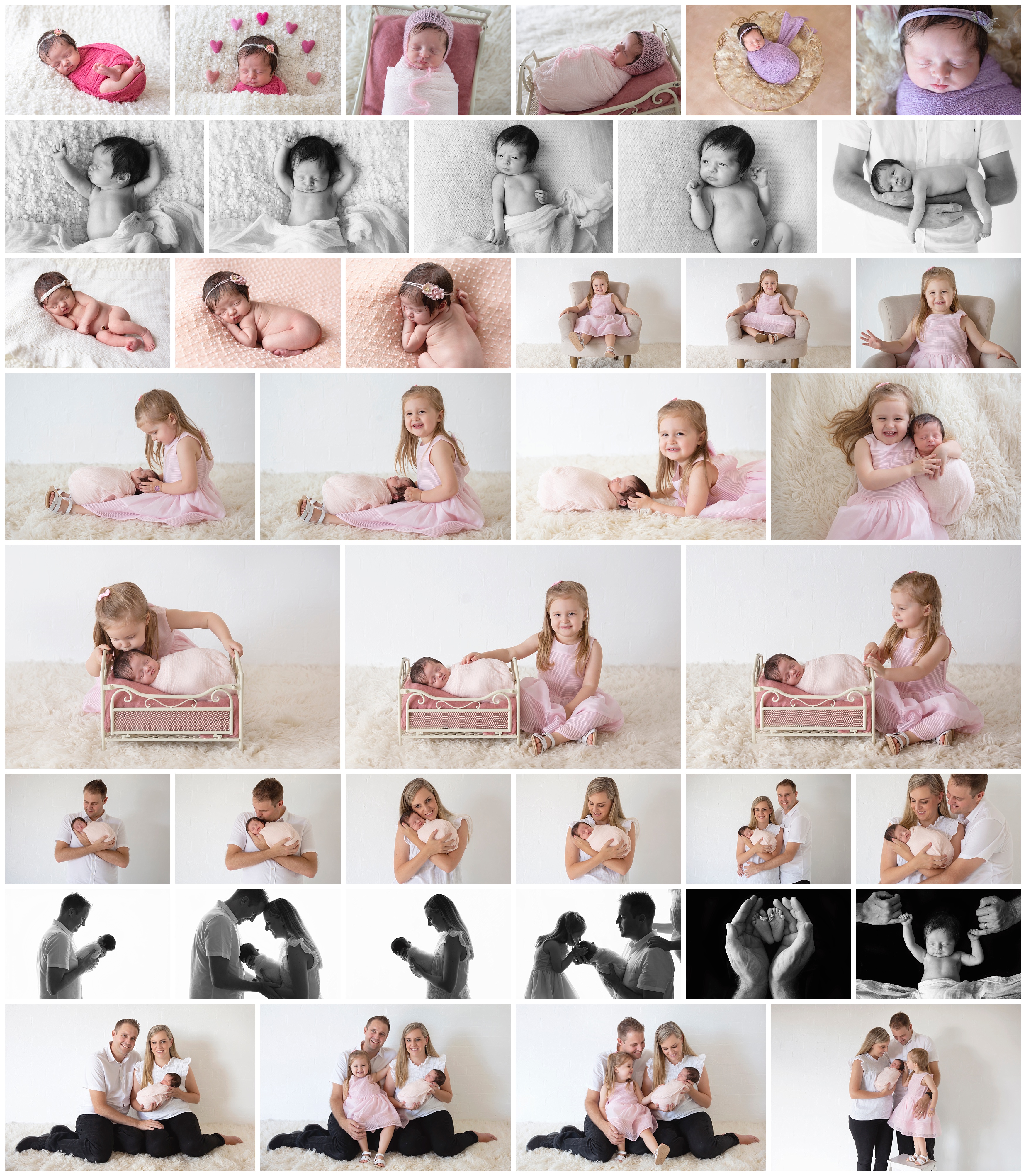 Newborn baby girl wrapped up and photographed in a little bed alone. Also photographed with older sister cuddling and kissing and with family. 