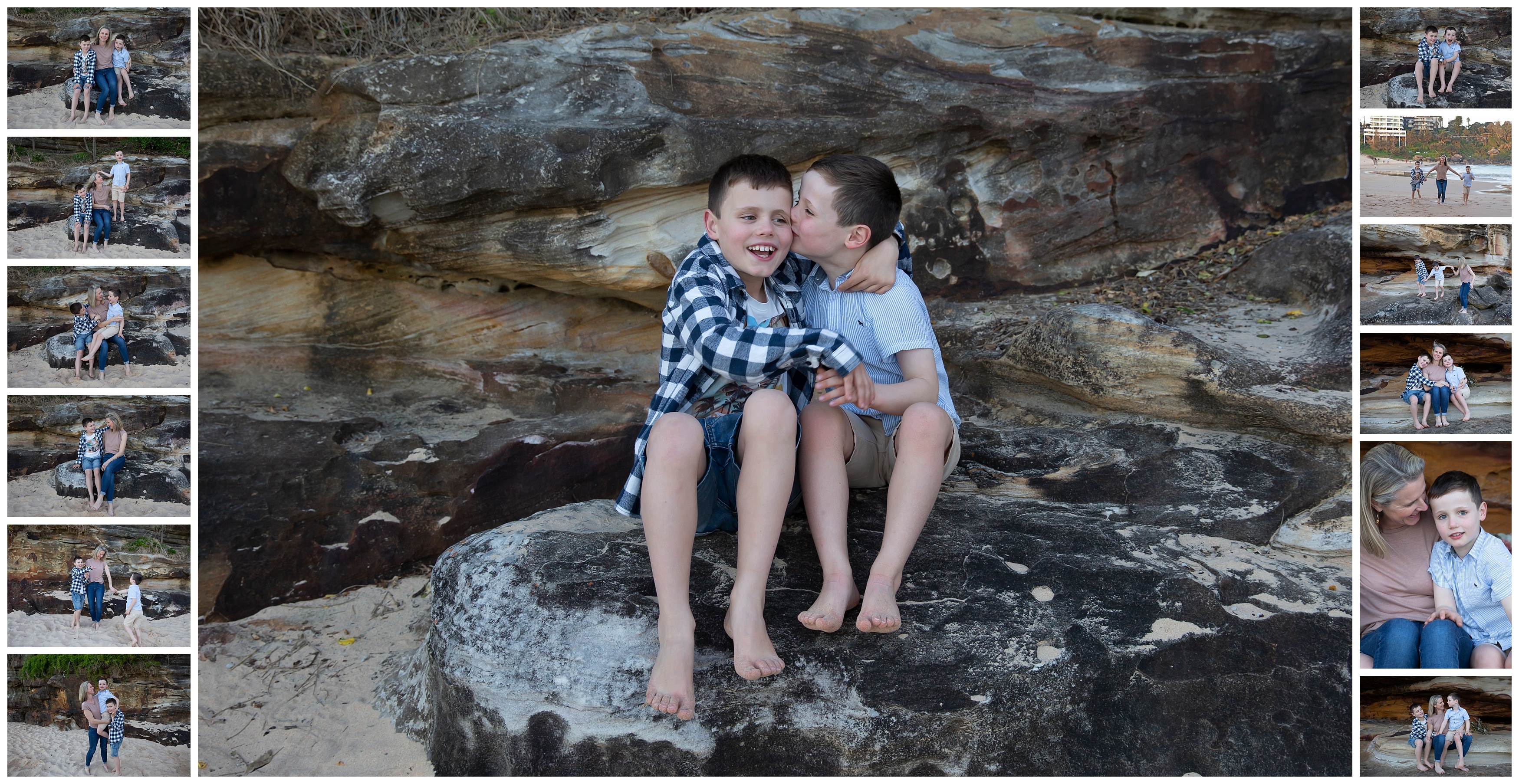 two boys and their mum at the beach with rocks in the background. 